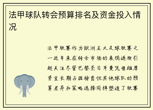 法甲球队转会预算排名及资金投入情况
